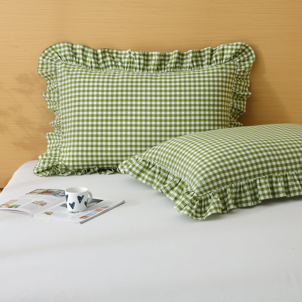 Silnuo Taupe/White Gingham Plaid Ruffled Pillow Covers Queen Size Set of 2