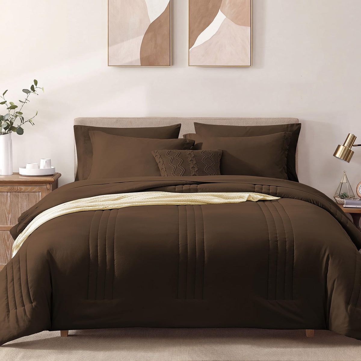 King Size Comforter Set-7 Pieces Brown Soft Bed in a Bag King Bedding Sets