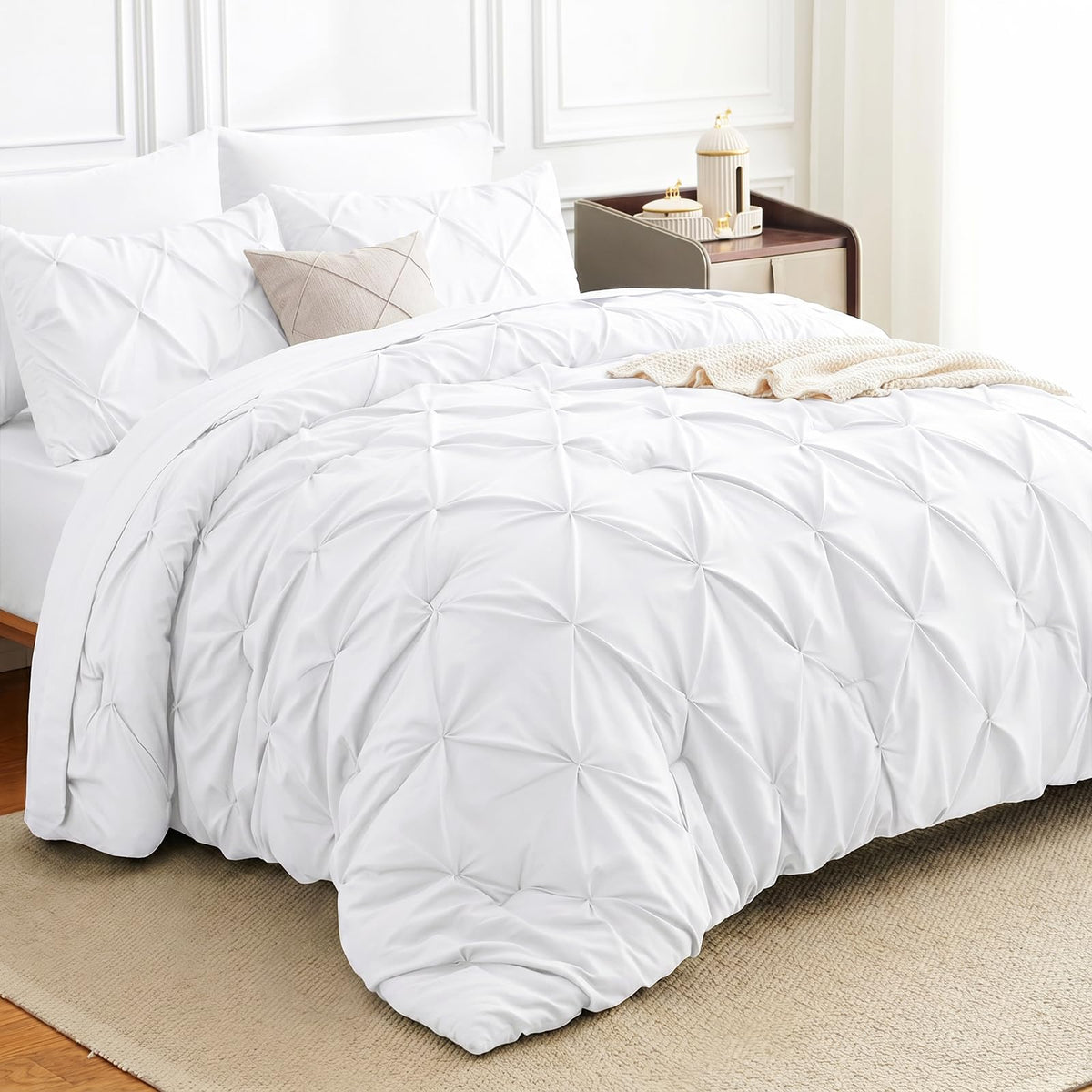 HIMEET Queen Comforter Set Black - 7 Pieces Pintuck Bed in a Bag
