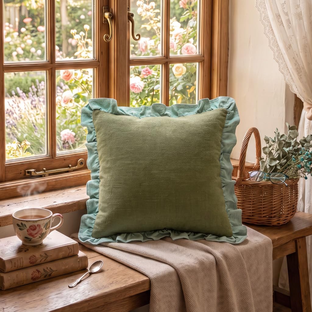 patdrea Vintage Green Linen Throw Pillow Covers,Set of 2,18"x18"-Kubum