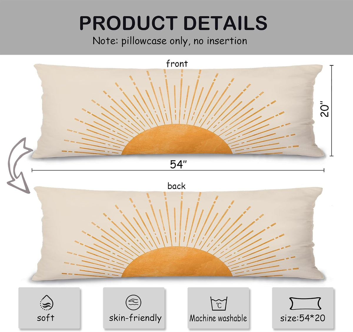 Boho Orange Sun Sunshine 20x54 Body Pillow Cover Case, Mid Century Modern Boho Horizontal Sunset Sunrise Decorative Long Hug Pillow Cases for Bed Couch