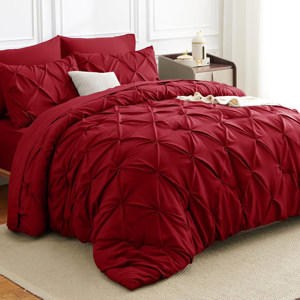 HIMEET Queen Comforter Set Black - 7 Pieces Pintuck Bed in a Bag