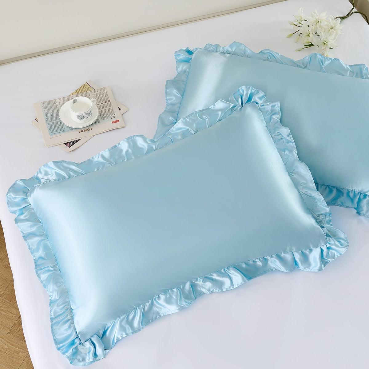 NSGZ Ruffled Satin Pillowcase Set of 2, Standard 20x26 Inch, Ivory White