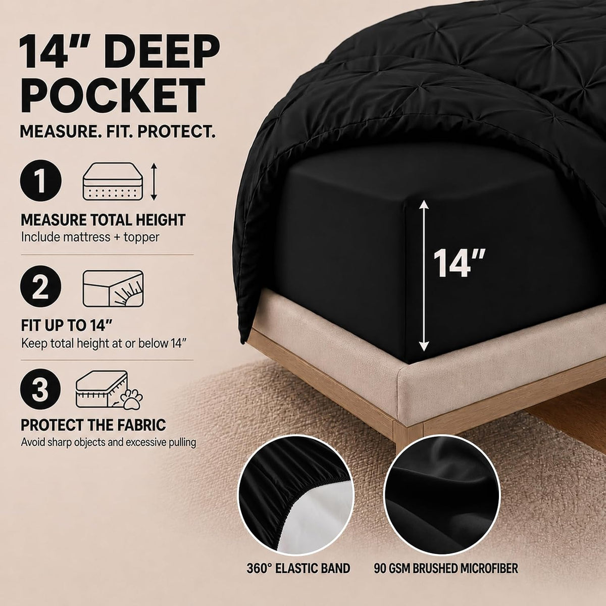 HIMEET Queen Comforter Set Black - 7 Pieces Pintuck Bed in a Bag