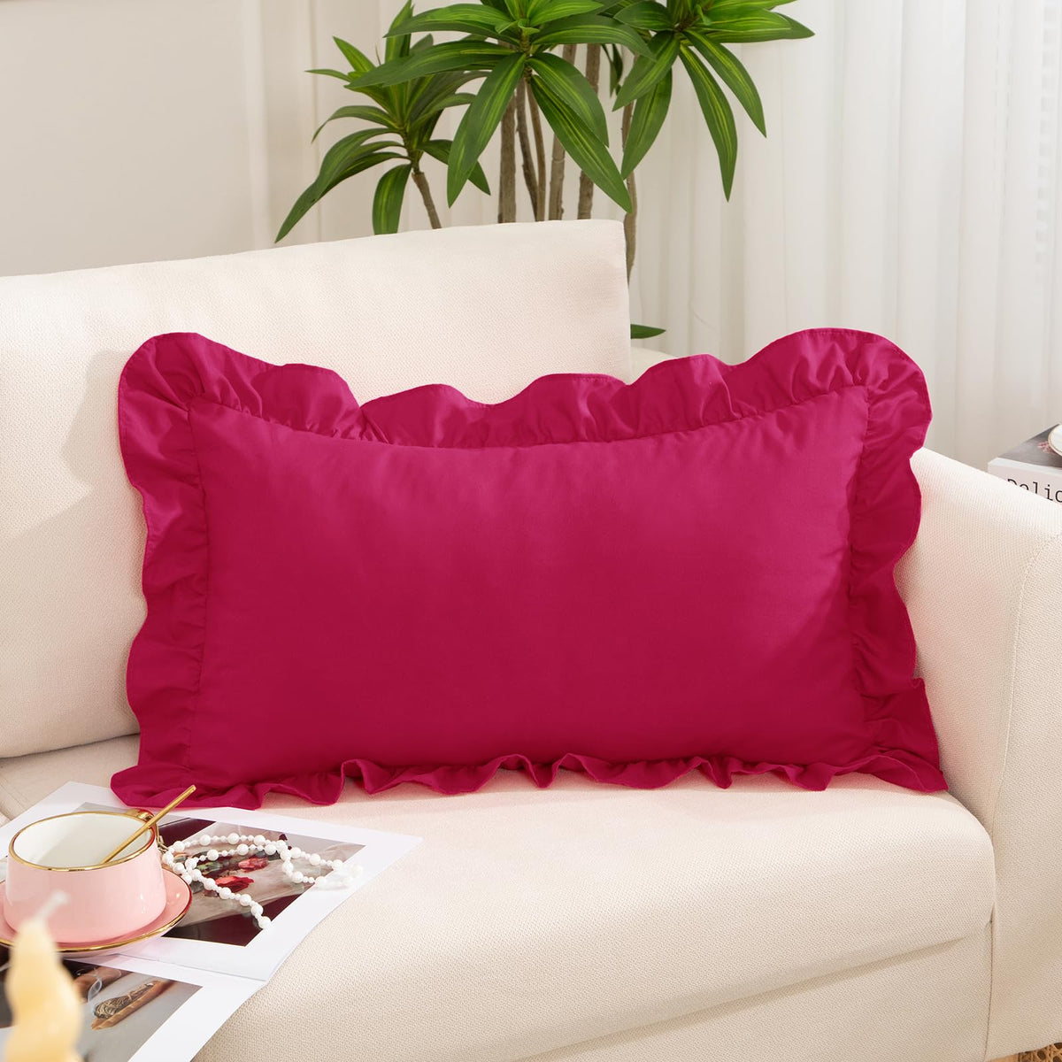 Pink Ruffle Lumbar Pillow Cover, 12x20 Inch