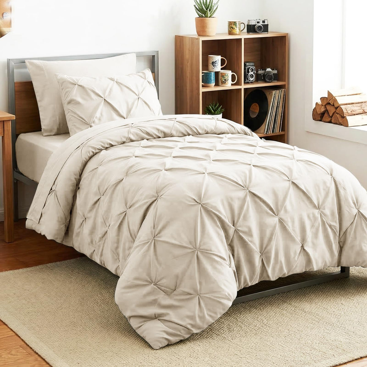 HIMEET Queen Comforter Set Black - 7 Pieces Pintuck Bed in a Bag