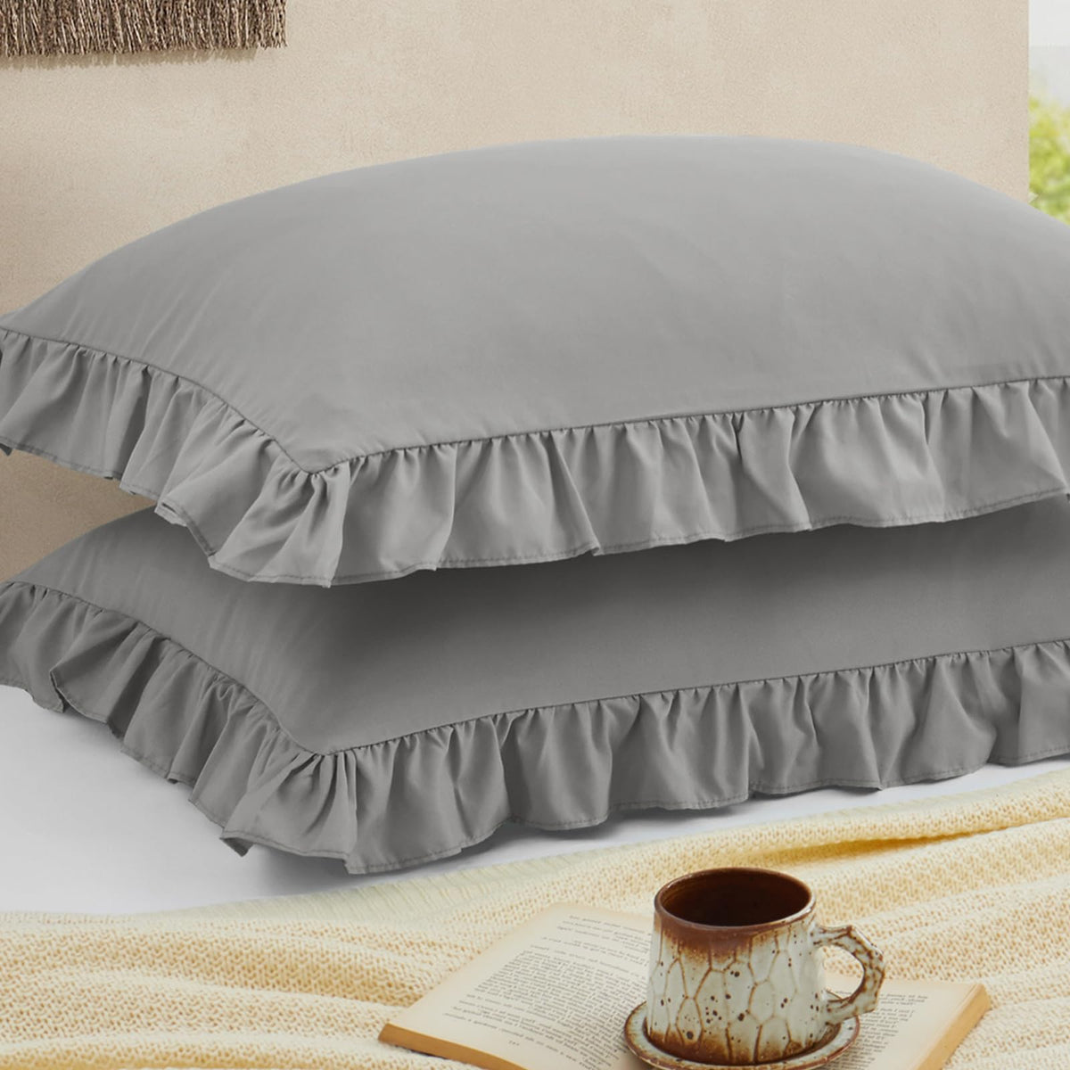 Ruffled Pillow Cases, White, Body 20"x54", Set of 1
