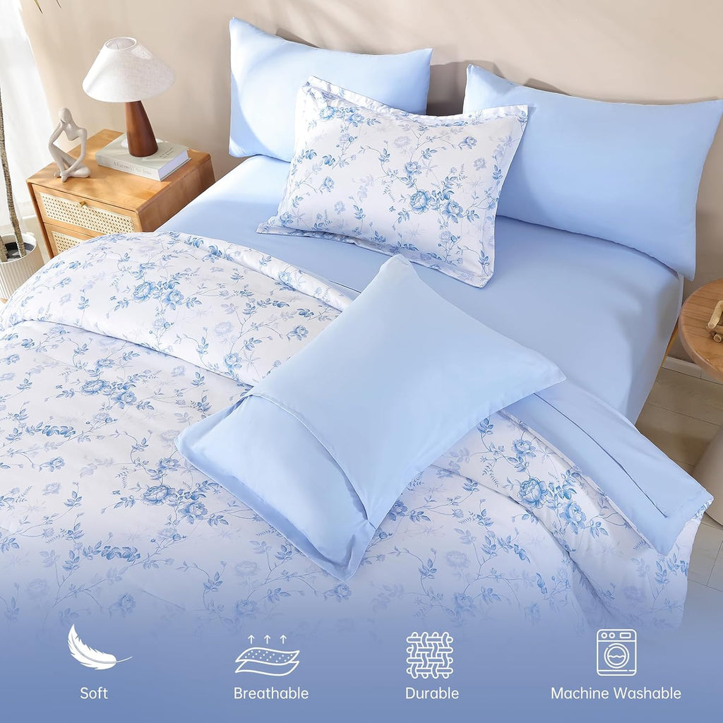 Luxudecor Blue Rose Floral Queen Comforter Set, 7 Pieces Bed in a Bag