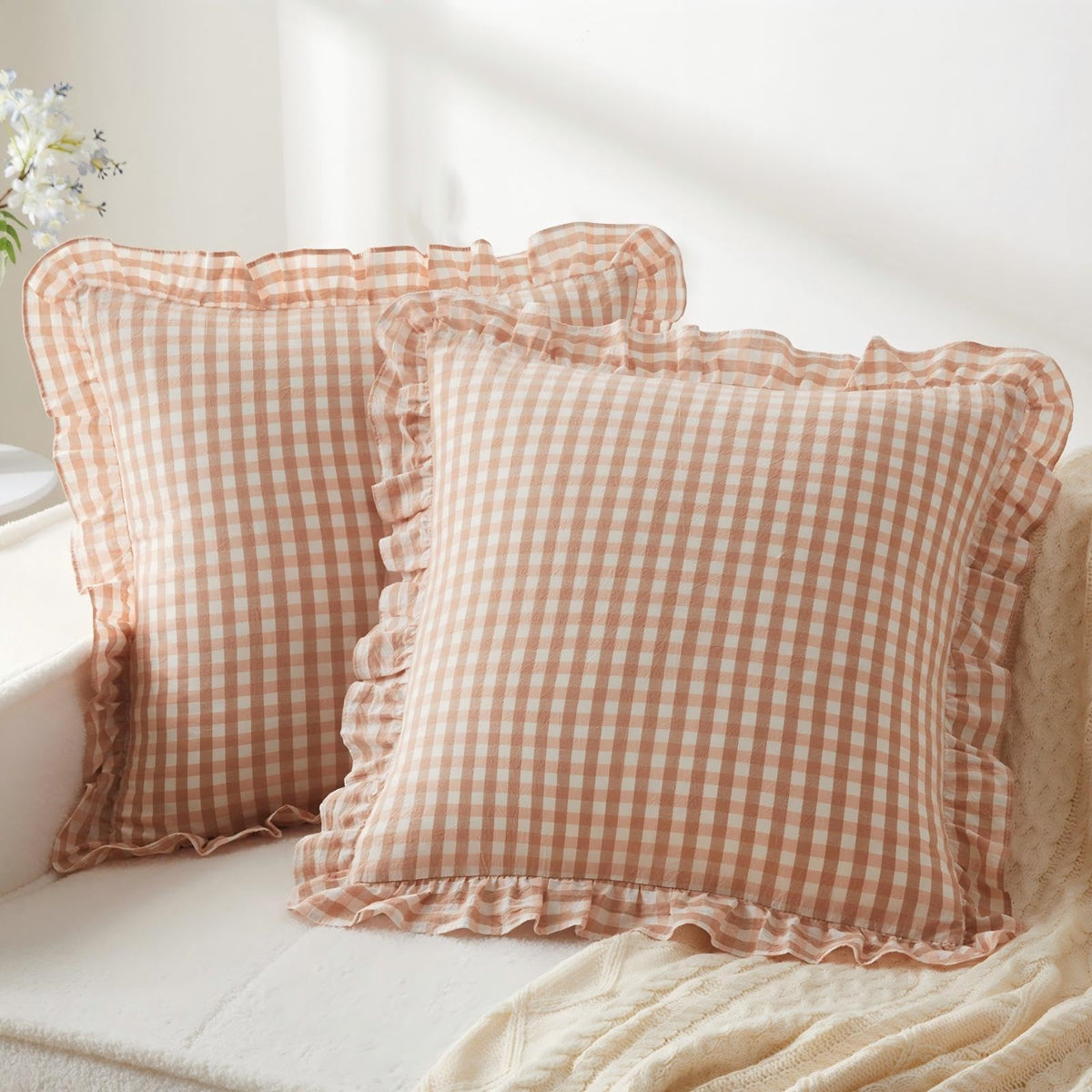 KKJIAF 2 Pcs Plaid Ruffle Pillow Case Standard Size, Sage Green Plaid