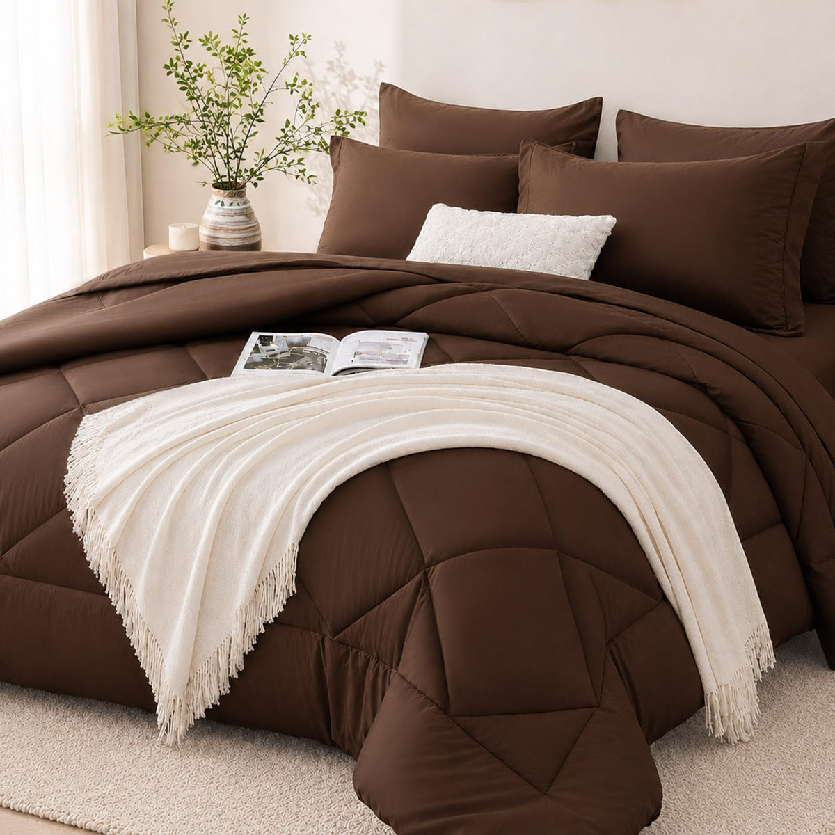 FUANNA Full Size Comforter Sets 7 PCS, Navy Blue Bed Set, Soft Bed in a Bag