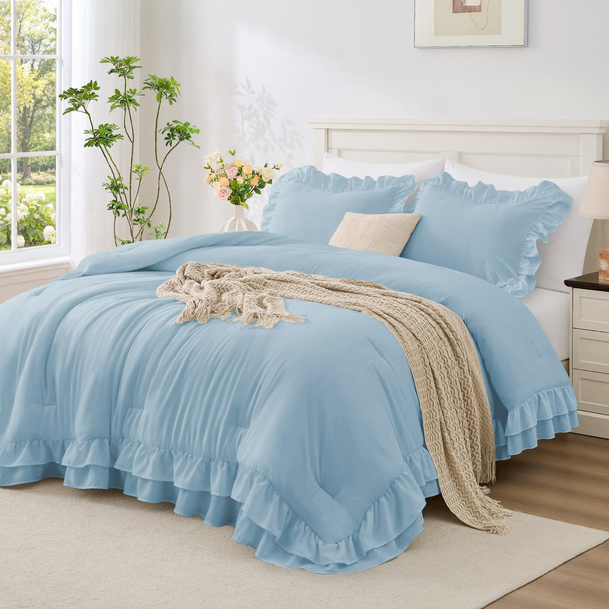 White Ruffle Comforter Set Queen Size, 3-Piece Shabby Chic Bedding