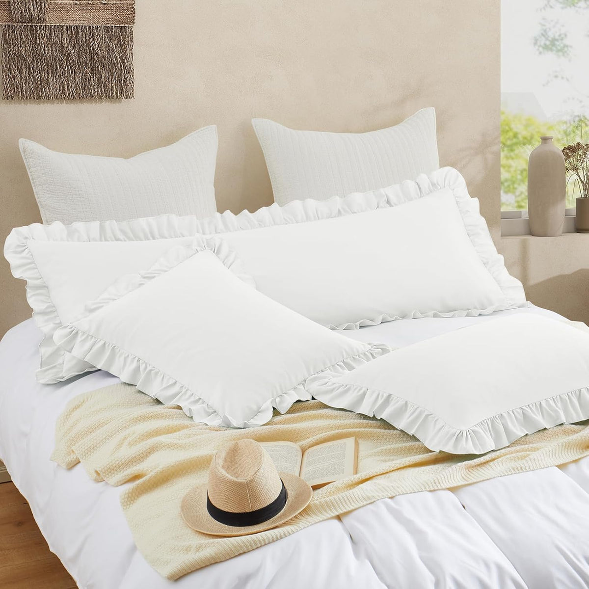 Ruffled Pillow Cases, White, Body 20"x54", Set of 1