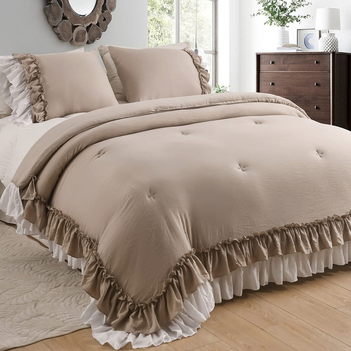 Masaca Ruffled Comforter Set Queen,Farmhouse Shabby Boho Chic Bedding Wheat and White Ruffle Comforter Vintage Rustic French Country Elegant Bedding Set 3PCS