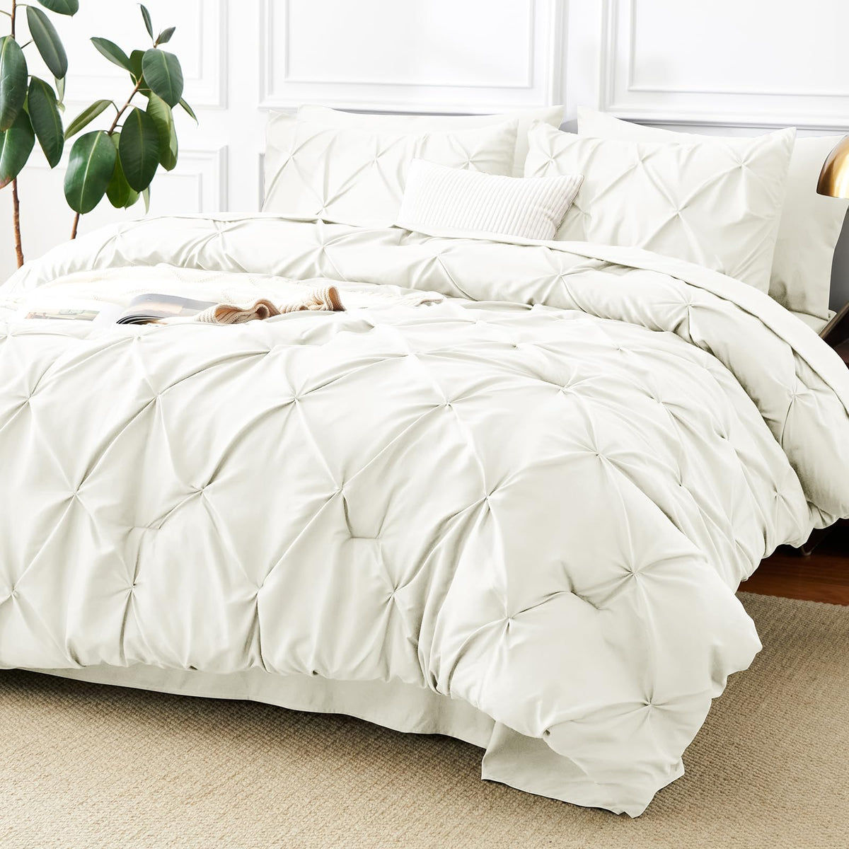 CozyLux Queen Comforter Set Black, 7 Pieces Pintuck Bed in a Bag