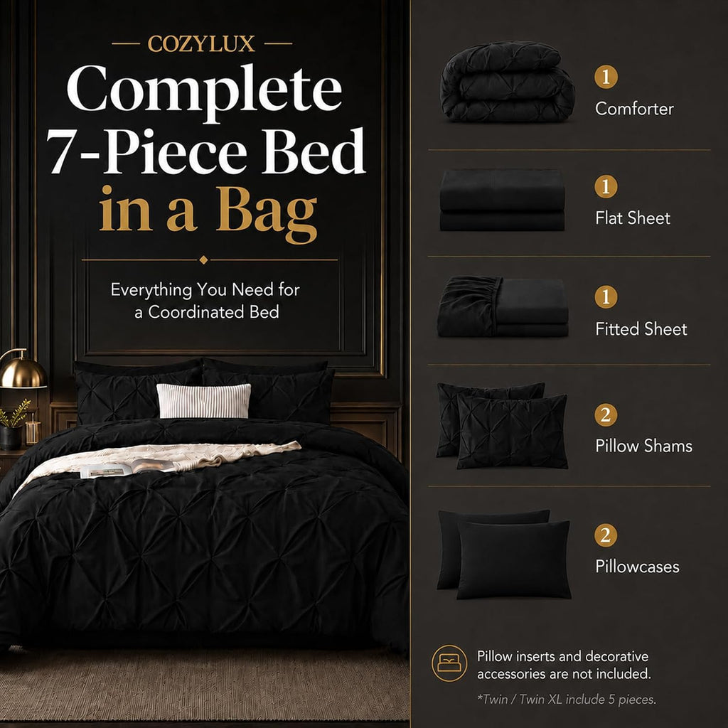 CozyLux Queen Comforter Set Black, 7 Pieces Pintuck Bed in a Bag