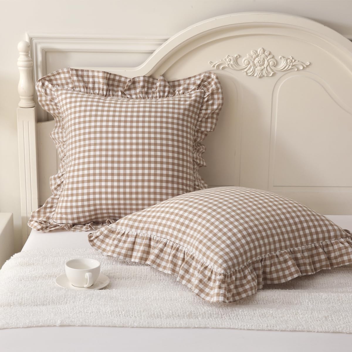 Silnuo Taupe/White Gingham Plaid Ruffled Pillow Covers Queen Size Set of 2