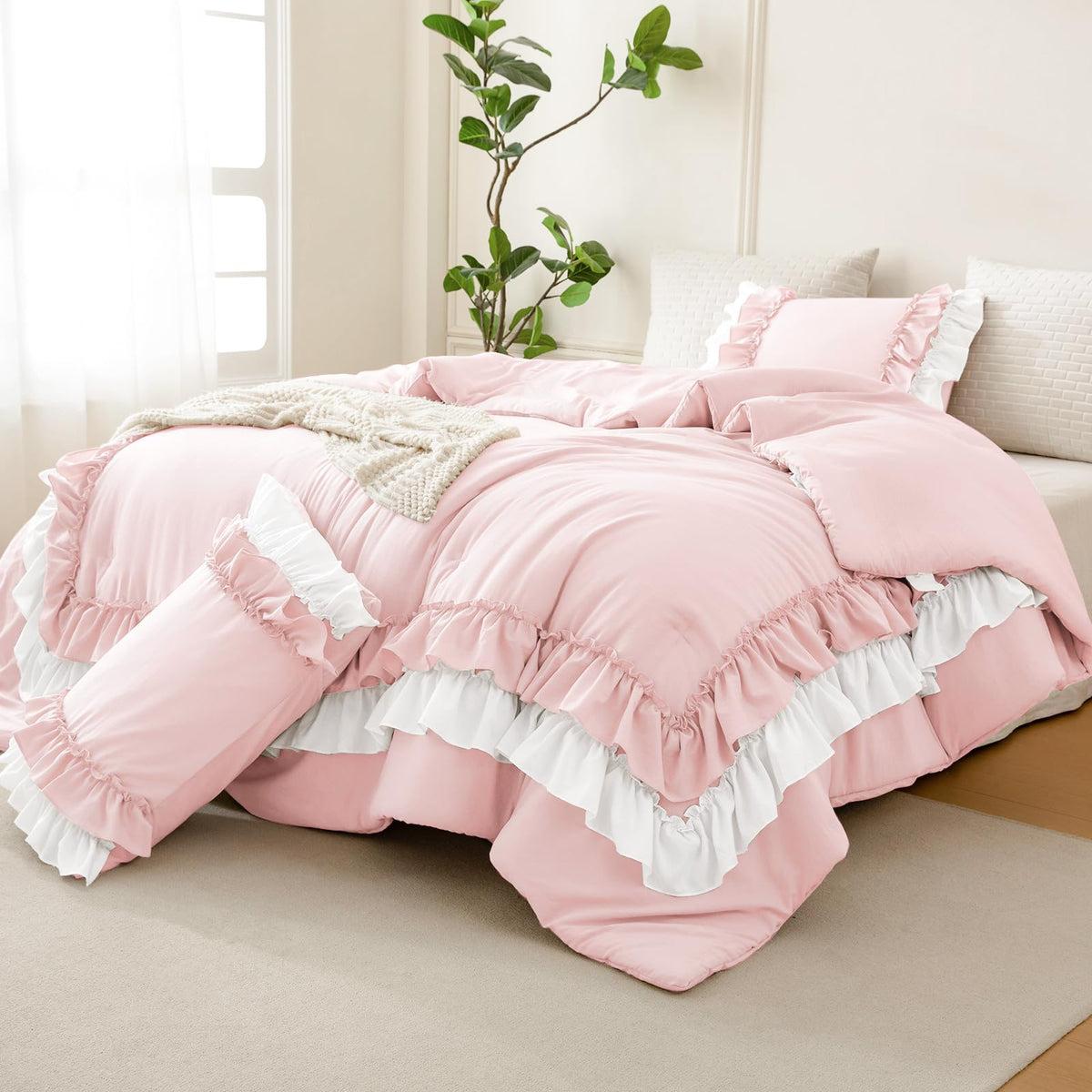 Masaca Ruffled Comforter Set Queen,Farmhouse Shabby Boho Chic Bedding Wheat and White Ruffle Comforter Vintage Rustic French Country Elegant Bedding Set 3PCS