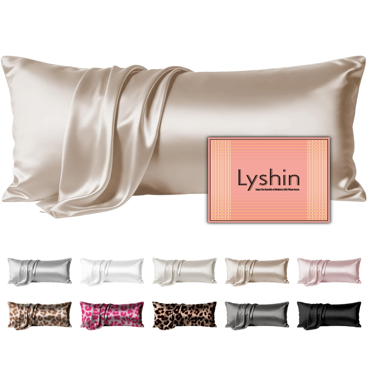 LYSHIN Silk Pillow Cases 2 Pack Standard Size with Zipper, Champagne
