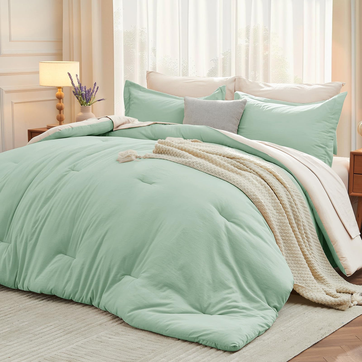 MUXHOMO King Comforter Set 7 Pieces, Soft Bed in a Bag, Beige