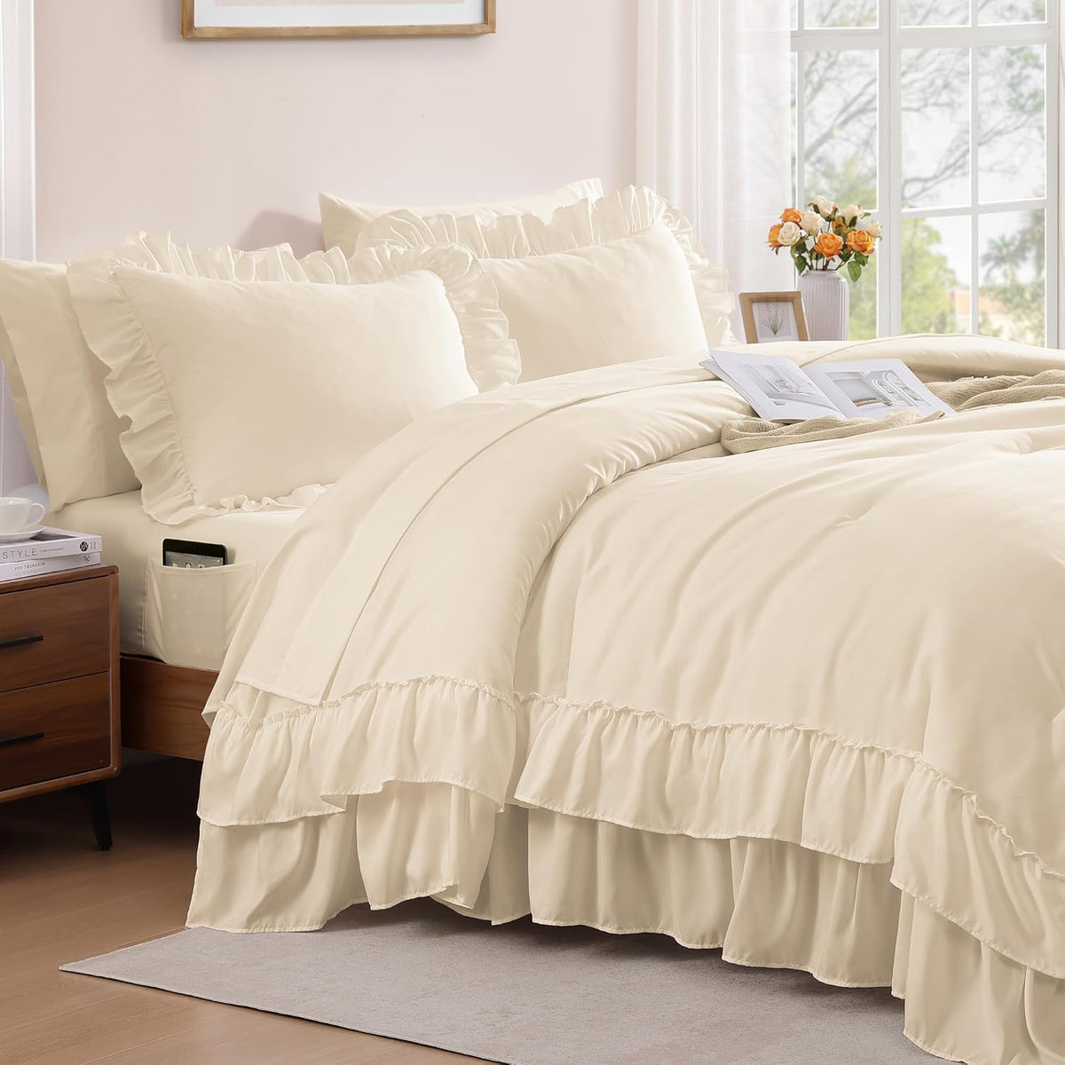 King Comforter Set Whisper White Ruffle 7 Pieces Farmhouse Bed in a Bag