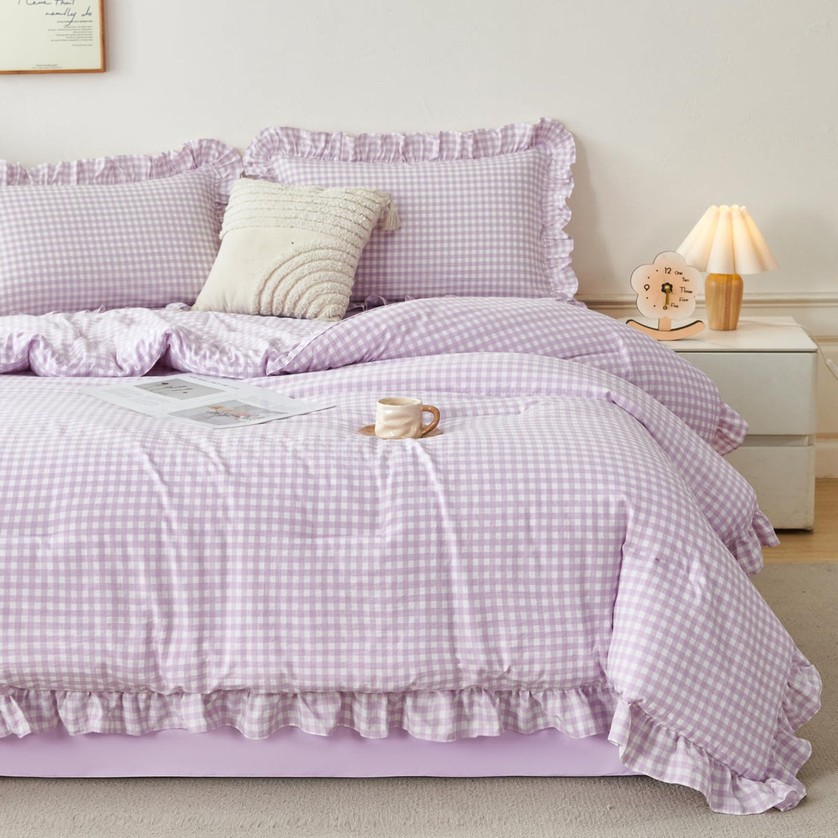 RYNGHIPY 5 Pcs Gingham Bedding Set Queen Yellow Ruffle Comforter Sets