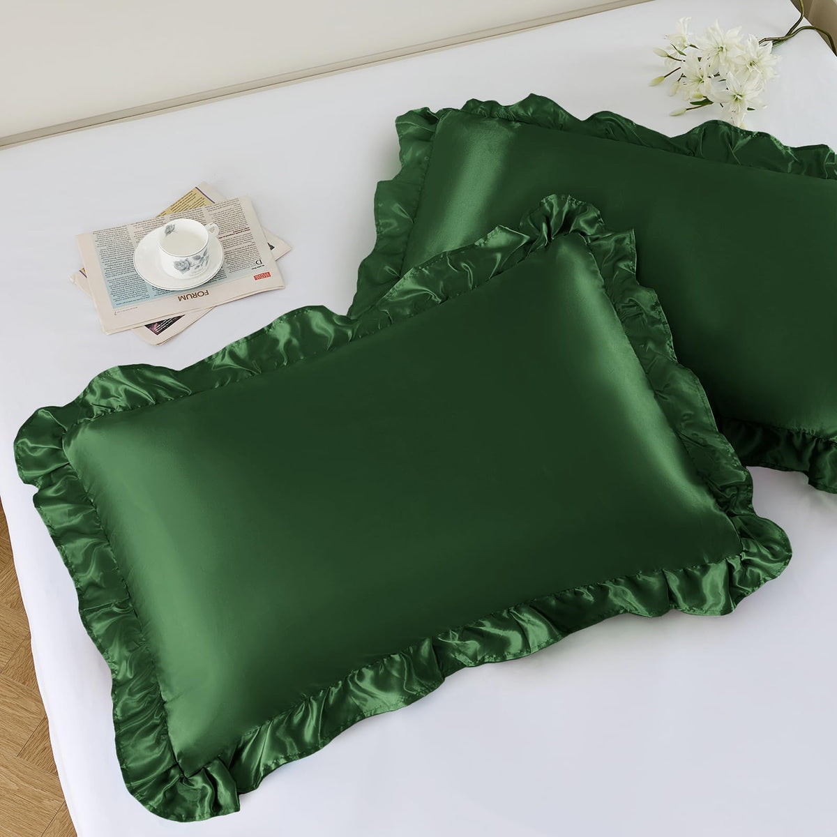 NSGZ Ruffled Satin Pillowcase Set of 2, Standard 20x26 Inch, Ivory White