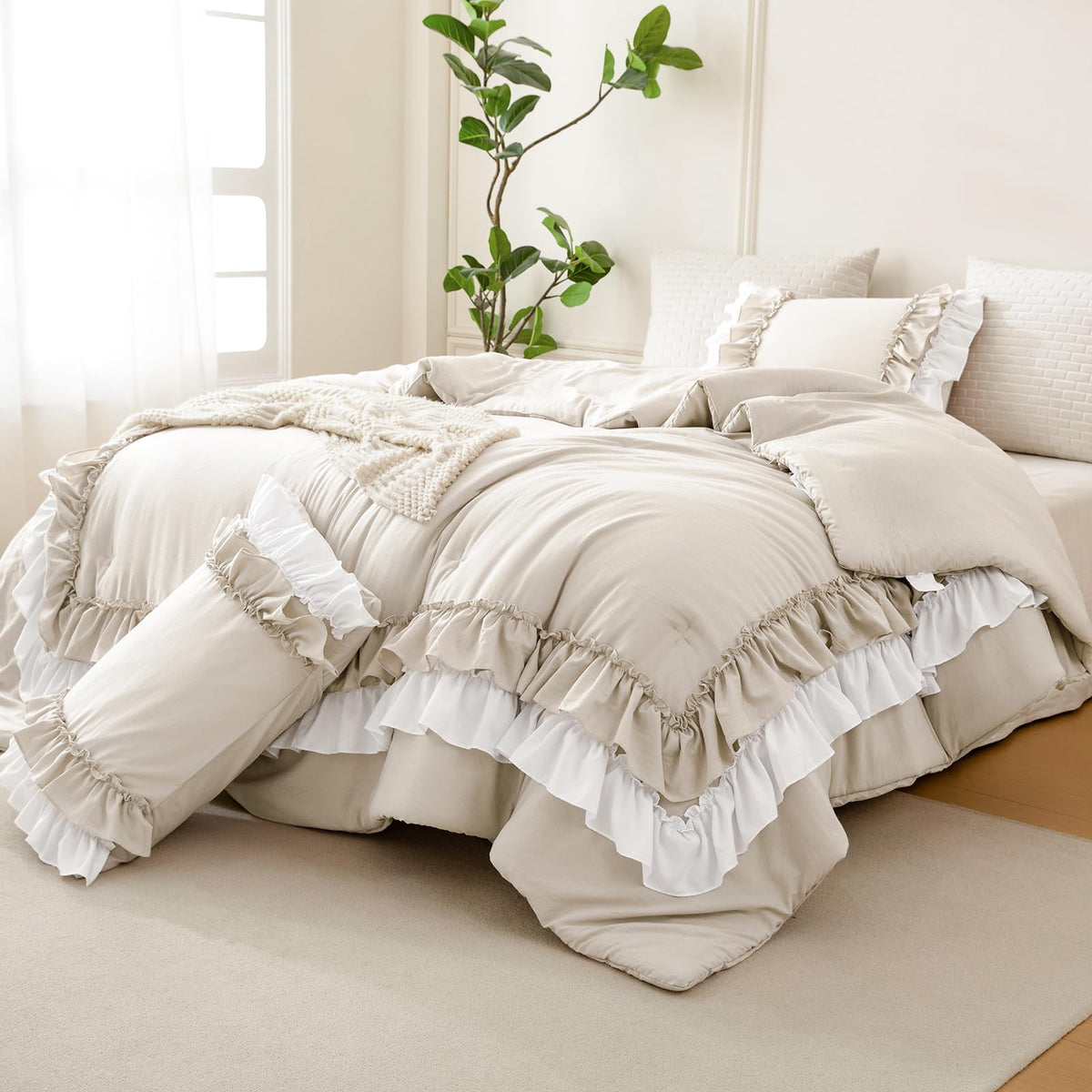 Masaca Ruffled Comforter Set Queen,Farmhouse Shabby Boho Chic Bedding Wheat and White Ruffle Comforter Vintage Rustic French Country Elegant Bedding Set 3PCS