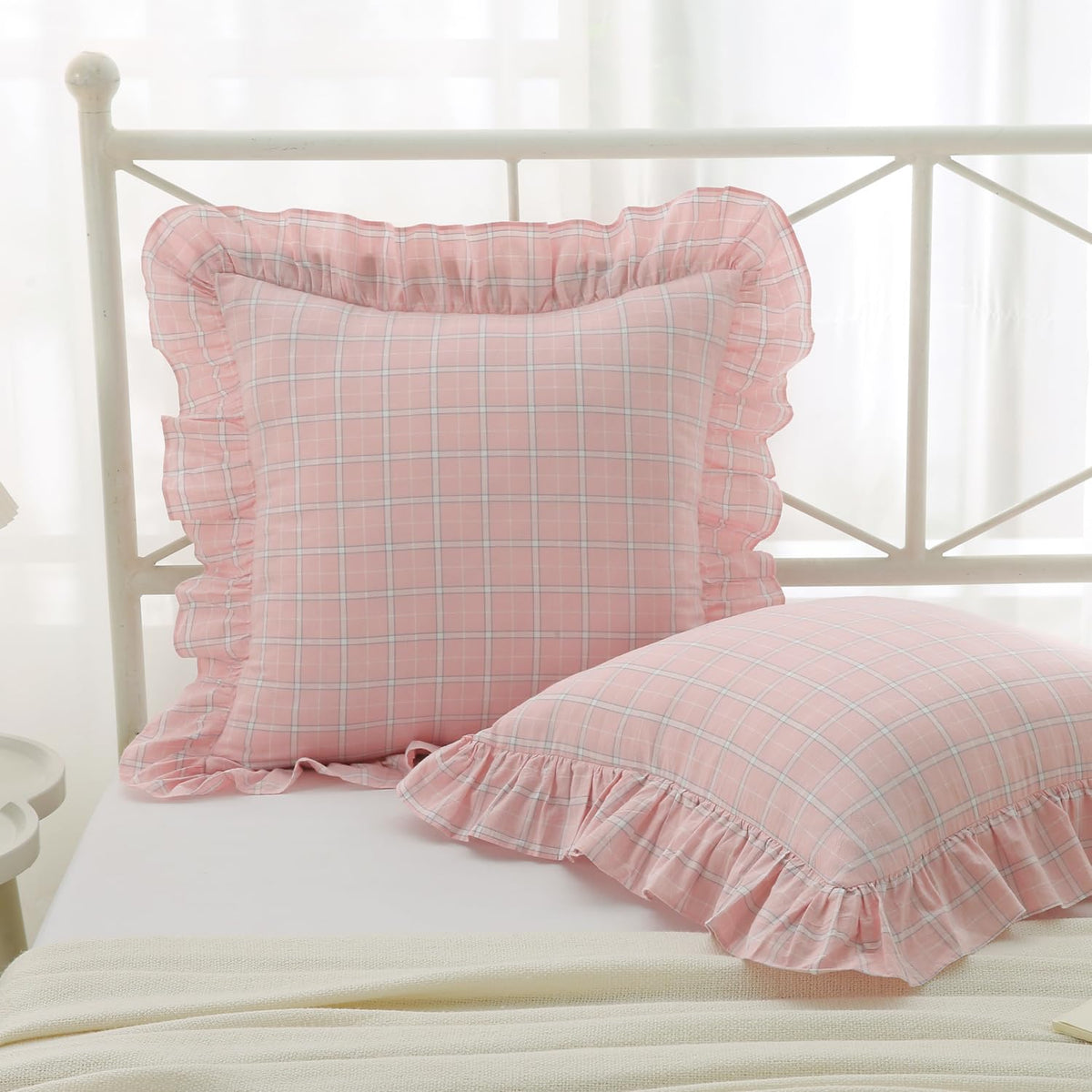 Mywinlle Taupe Plaid Gingham Ruffle Decorative Throw Pillow Covers 18"x18"