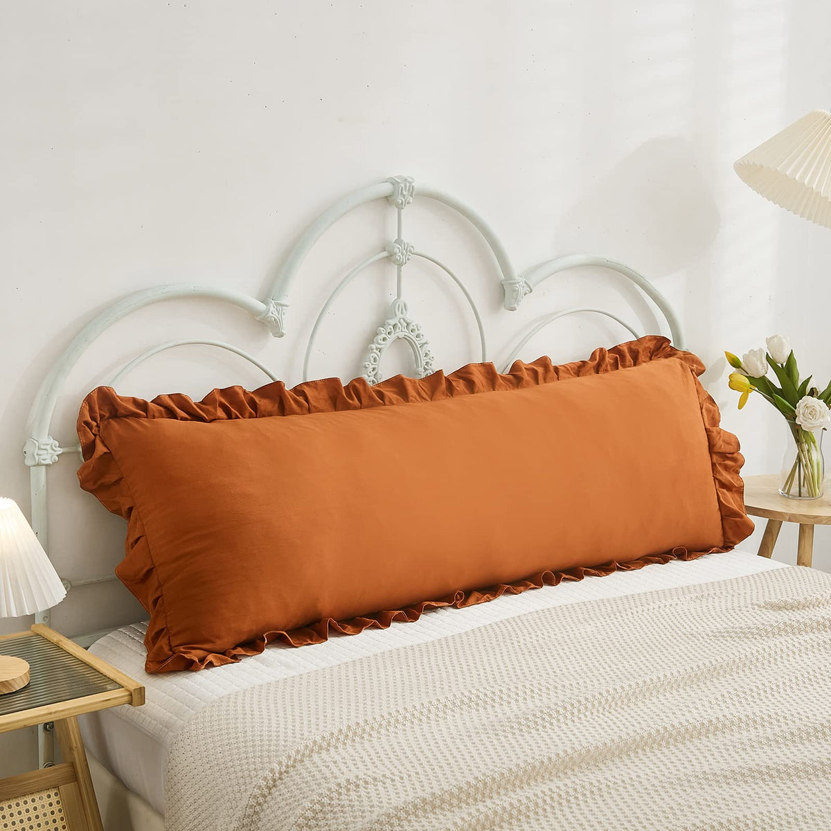 Boho White Body Pillowcase 20x54in - Ruffled Fringe Decor Sham