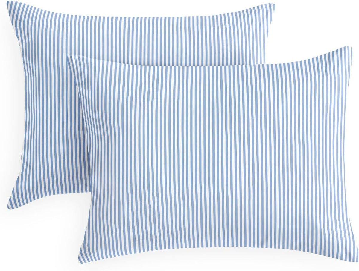 Wake In Cloud - Striped Pillow Cases, Ticking Vertical Pin Stripe Modern Farmhouse Pattern Printed, Set of 2 Soft Pillowcases Pillow Shams Covers, Blue White, Standard Size 20x26 Inches
