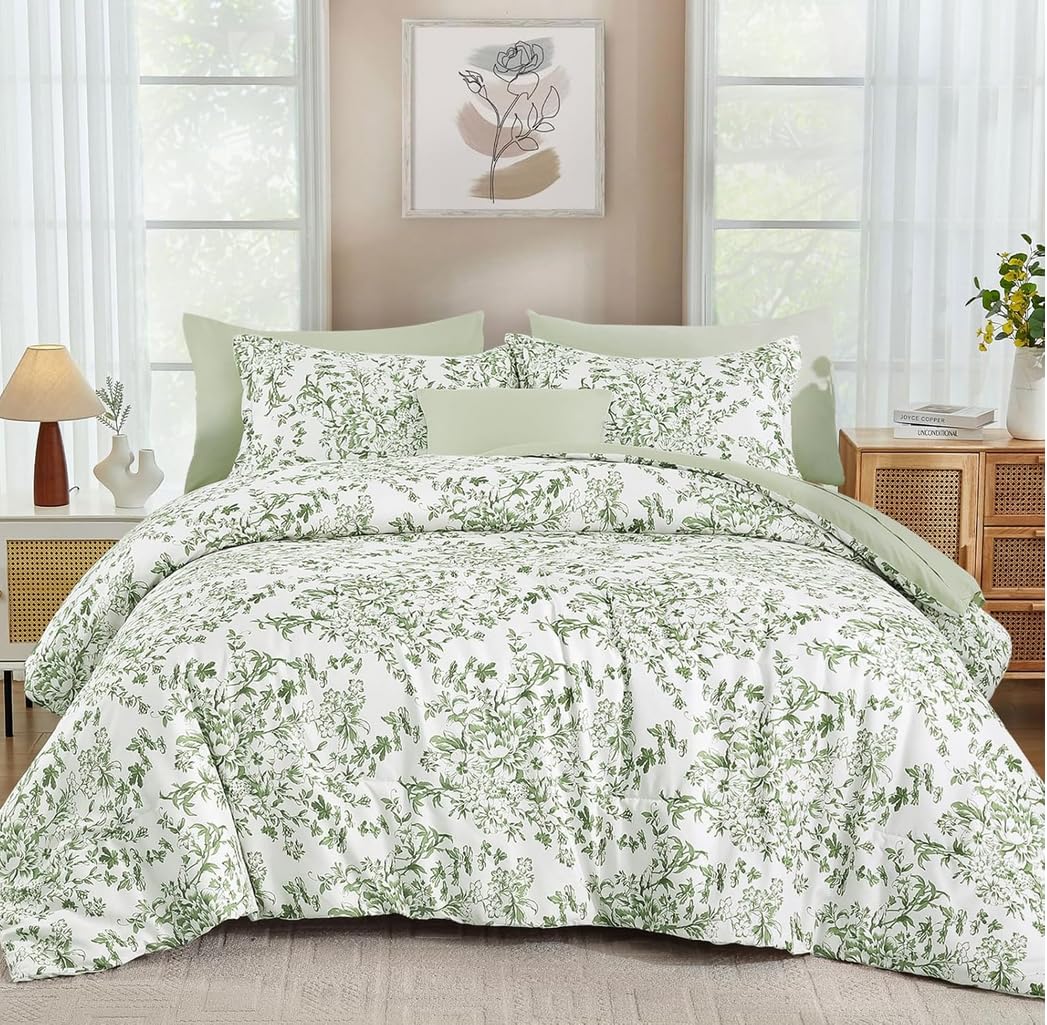 WONGS BEDDING 8 Pieces Queen Size Comforter Set Green, Sage Green Floral Bed in a Bag Comforter Sets, Soft Reversible Botanical Flowers Bedding Sets for All Season (90"x90")