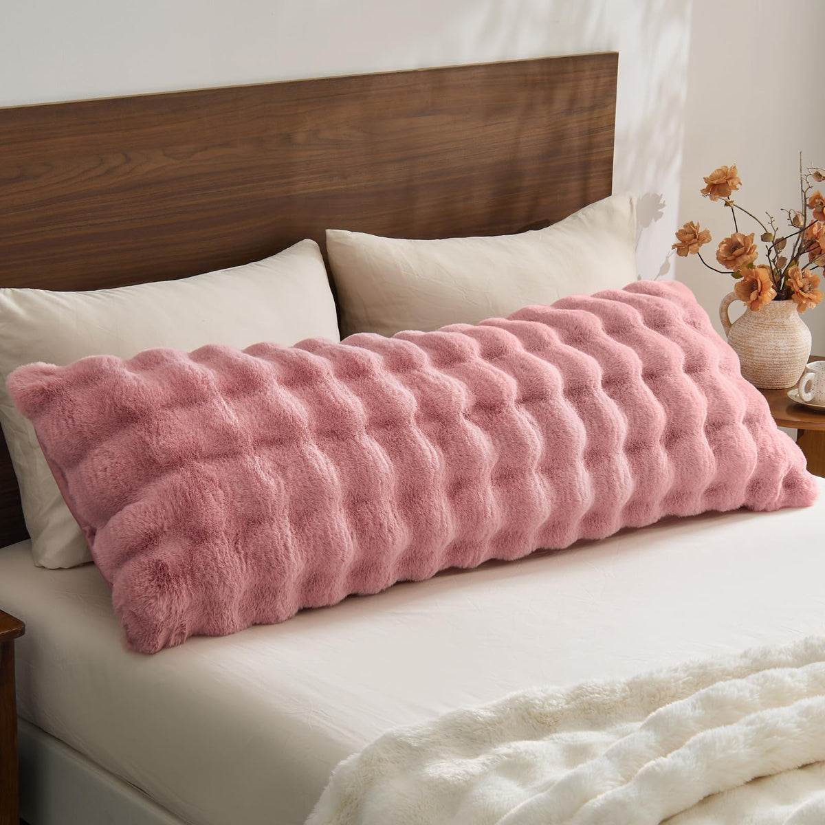 BEDELITE Faux Rabbit Fur Zippered Body Pillow Cover, 20x54 Long Pillow Case