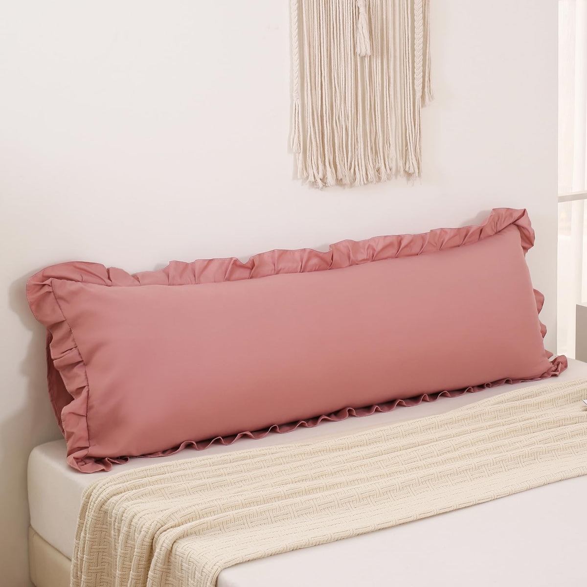 Boho White Body Pillowcase 20x54in - Ruffled Fringe Decor Sham