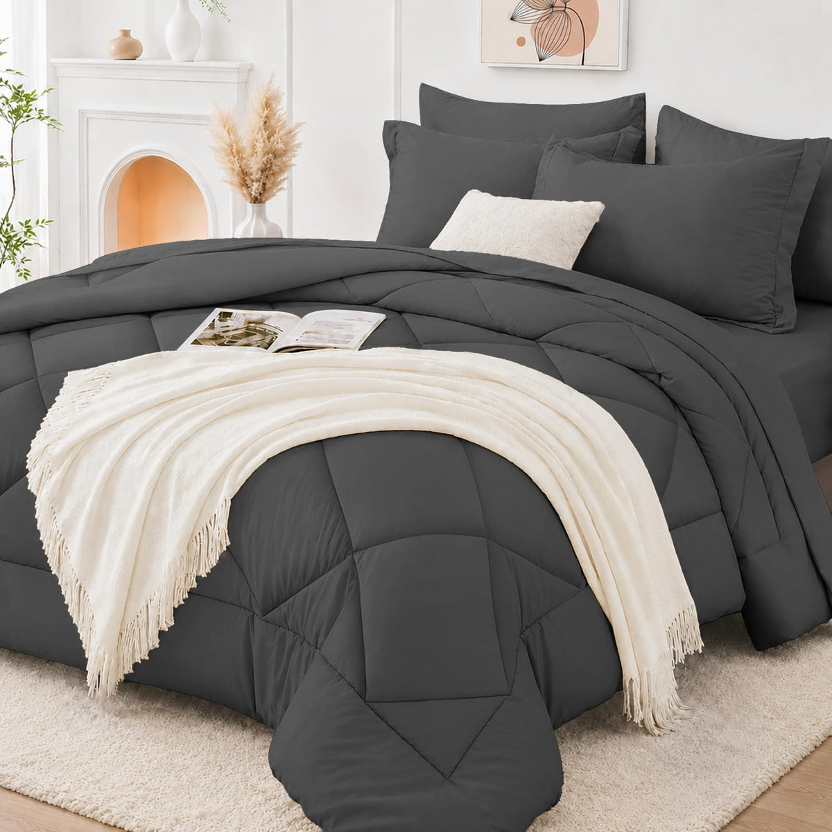 FUANNA Full Size Comforter Sets 7 PCS, Navy Blue Bed Set, Soft Bed in a Bag