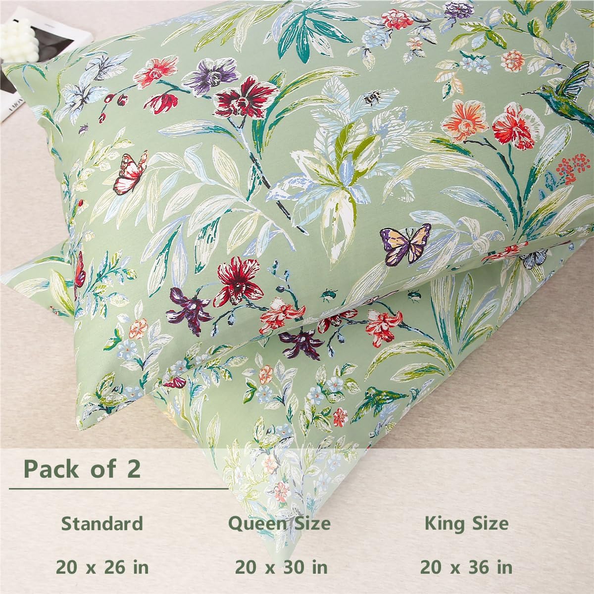 URBONUR 100% Cotton Pillowcases Set of 2 Standard Size Floral Printed Butterfly Pillow Cases Soft Breathable Cooling Pillowcase Decorative Pillow Cover (Standard, 20x26 Inches, Green Flowers)