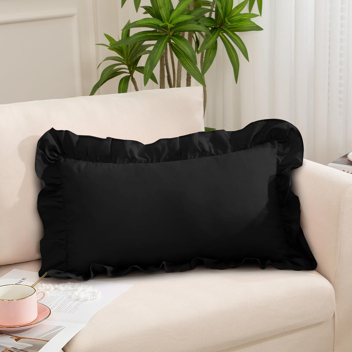 Pink Ruffle Lumbar Pillow Cover, 12x20 Inch