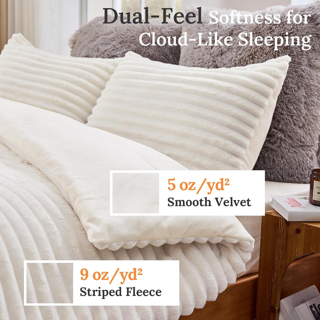 Sasttie Fluffy Queen Comforter Set, 3 PC Soft Fleece Bedding, Cream White
