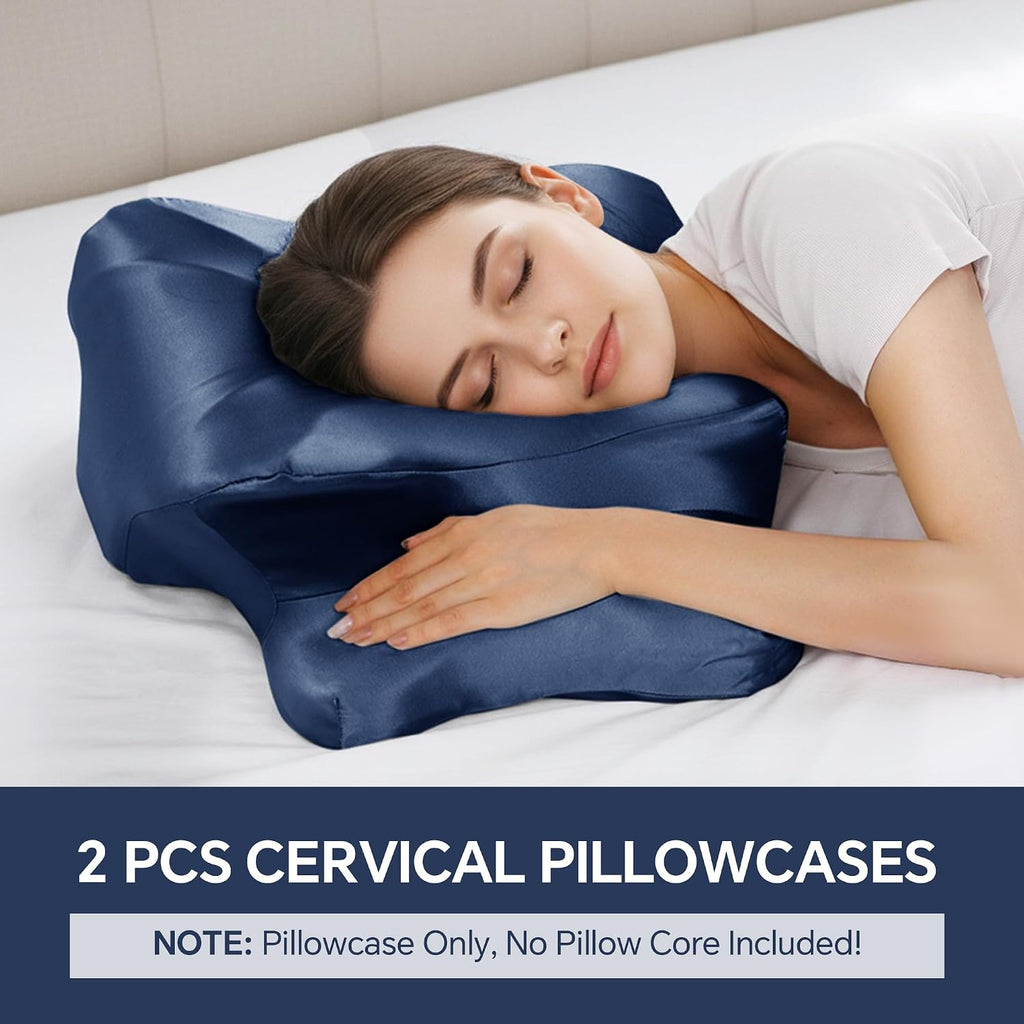 HOMBYS 2 Pack Satin Cervical Pillowcases (Only Pillowcase), Silky Butterfly-Shaped Contour Pillow Cover Cervical Neck Pillow Case with Zipper for Side Back Stomach Sleepers (Navy Blue, Queen Size)