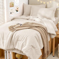 MUXHOMO King Comforter Set 7 Pieces, Soft Bed in a Bag, Beige
