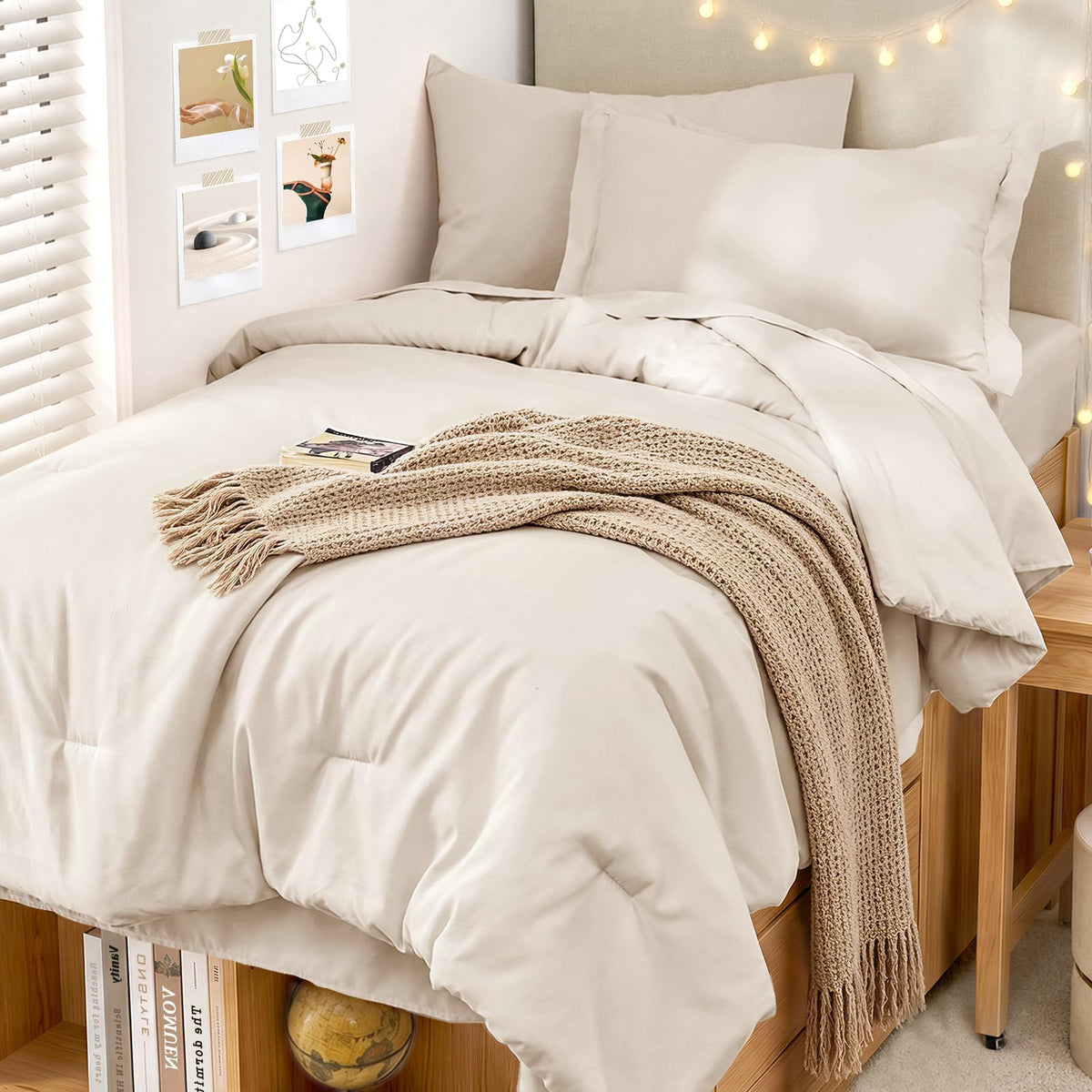 MUXHOMO King Comforter Set 7 Pieces, Soft Bed in a Bag, Beige