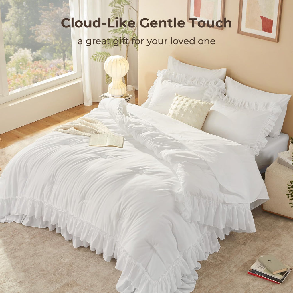 Litanika Queen Comforter Set, 7 Pcs White Ruffle Bed in a Bag