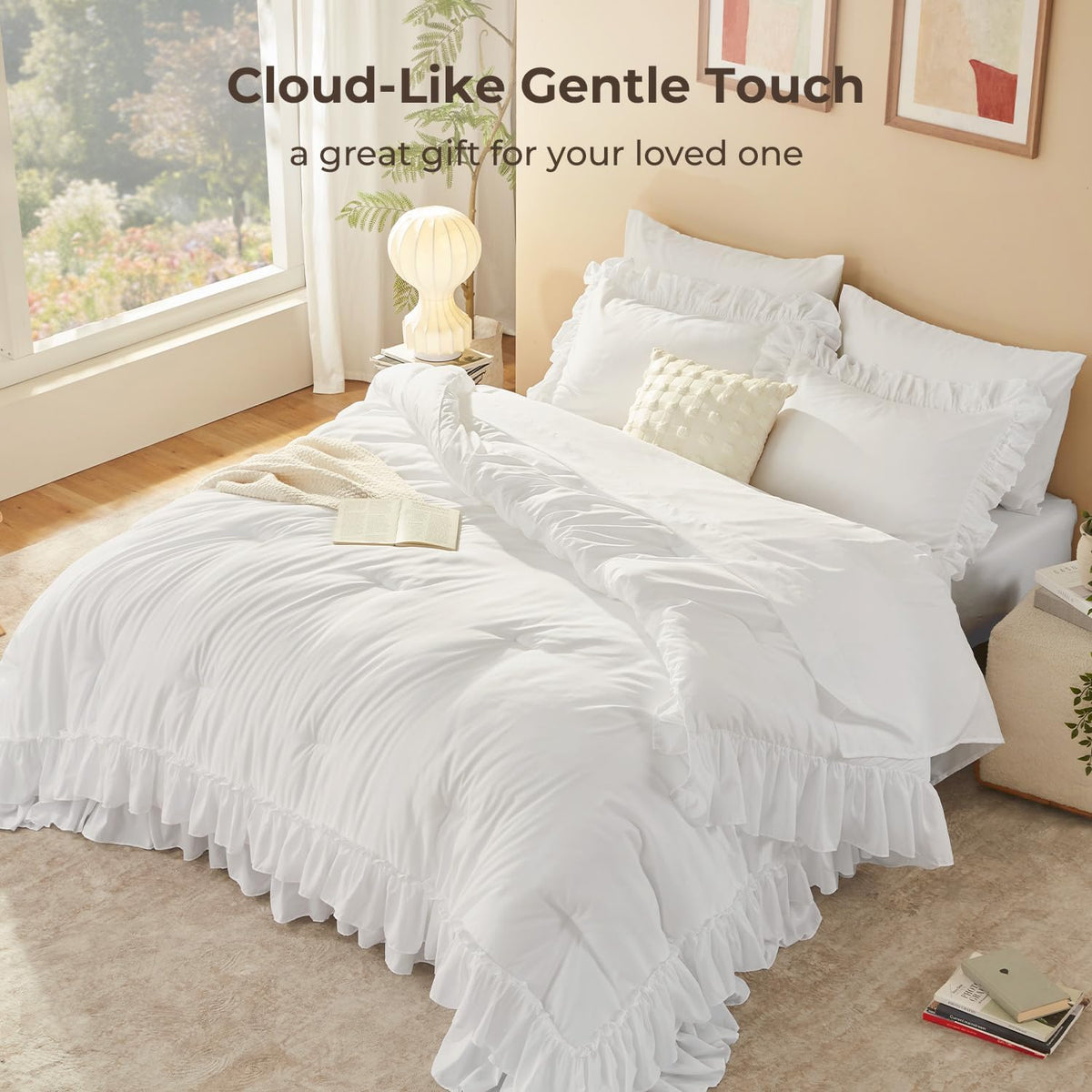 Litanika Queen Comforter Set, 7 Pcs White Ruffle Bed in a Bag