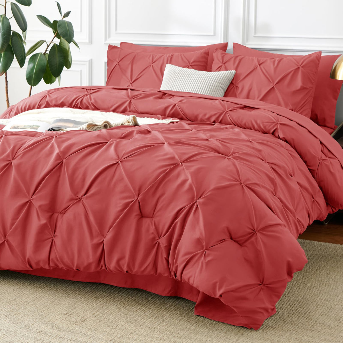 CozyLux Queen Comforter Set Black, 7 Pieces Pintuck Bed in a Bag