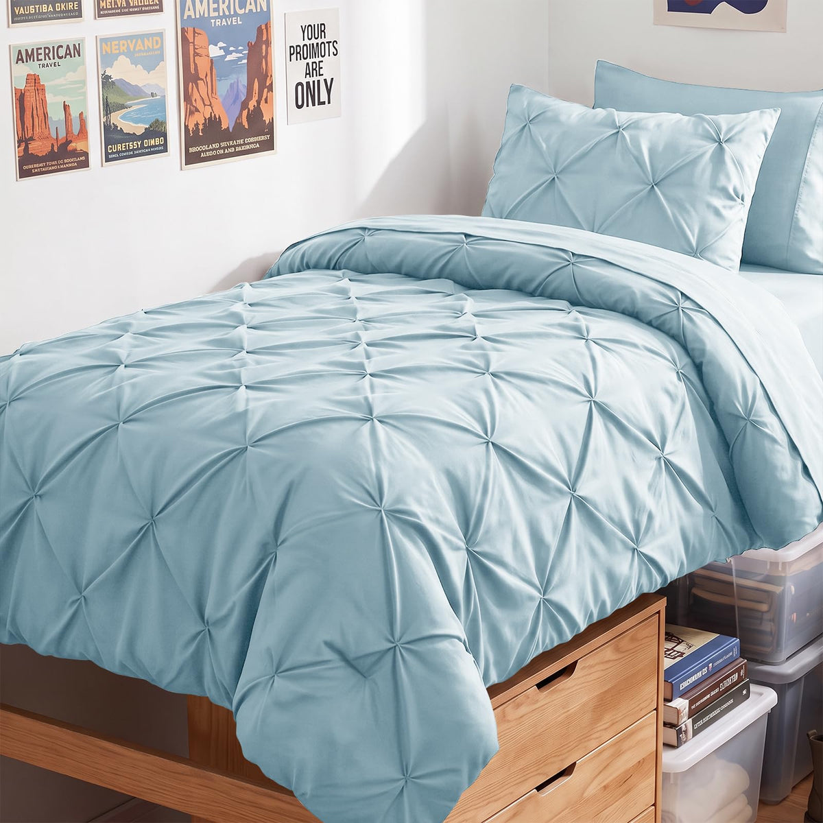 HIMEET Queen Comforter Set Black - 7 Pieces Pintuck Bed in a Bag