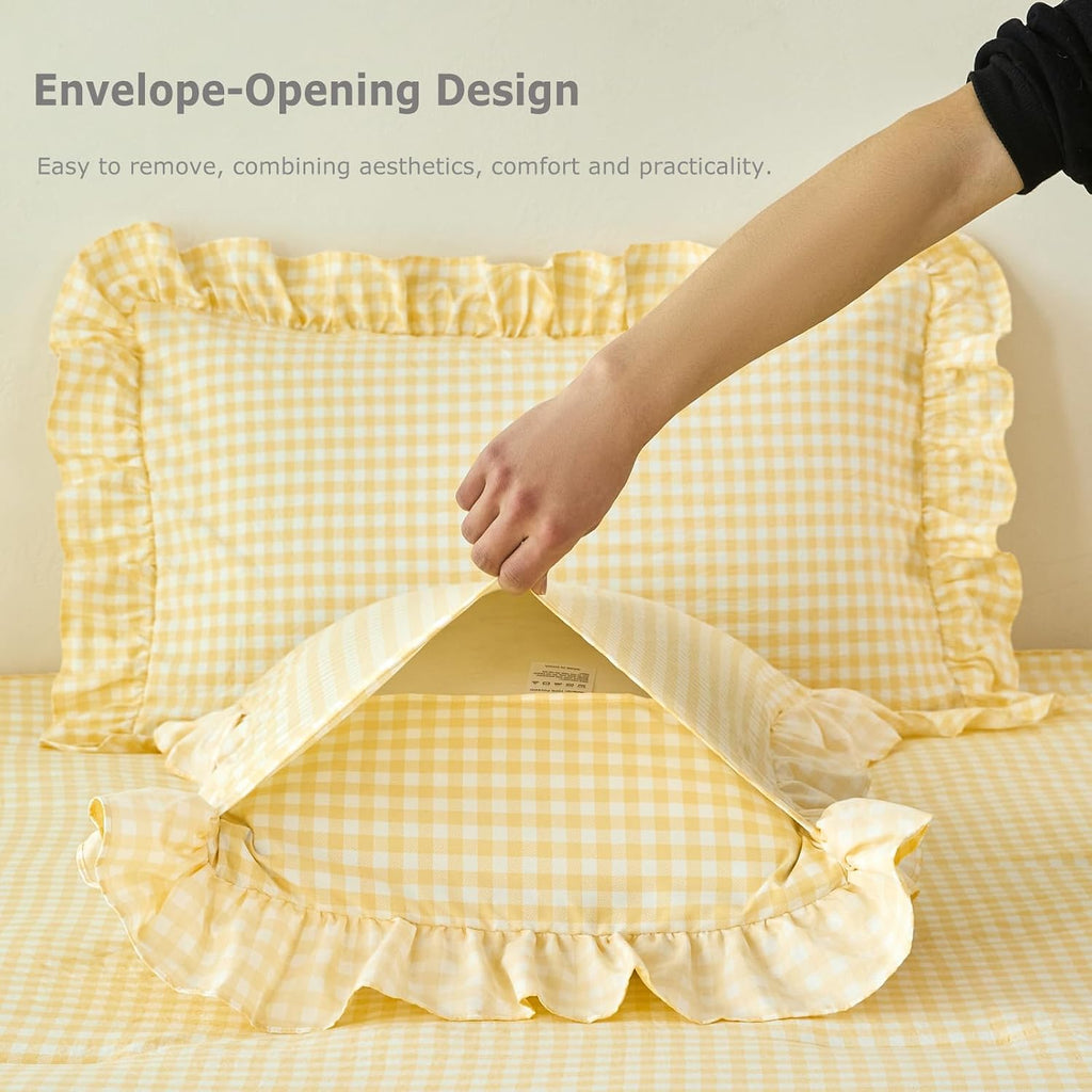 RYNGHIPY 5 Pcs Gingham Bedding Set Queen Yellow Ruffle Comforter Sets