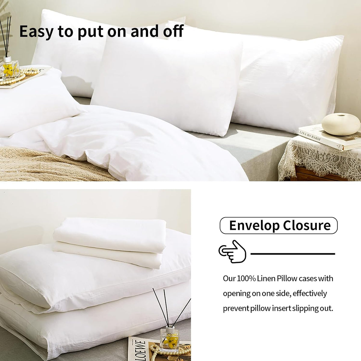 TUMEI 100% Linen King Pillow Cases Set of 2 (20"x36"), White Natural Linen