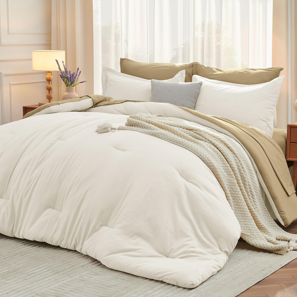 MUXHOMO King Comforter Set 7 Pieces, Soft Bed in a Bag, Beige