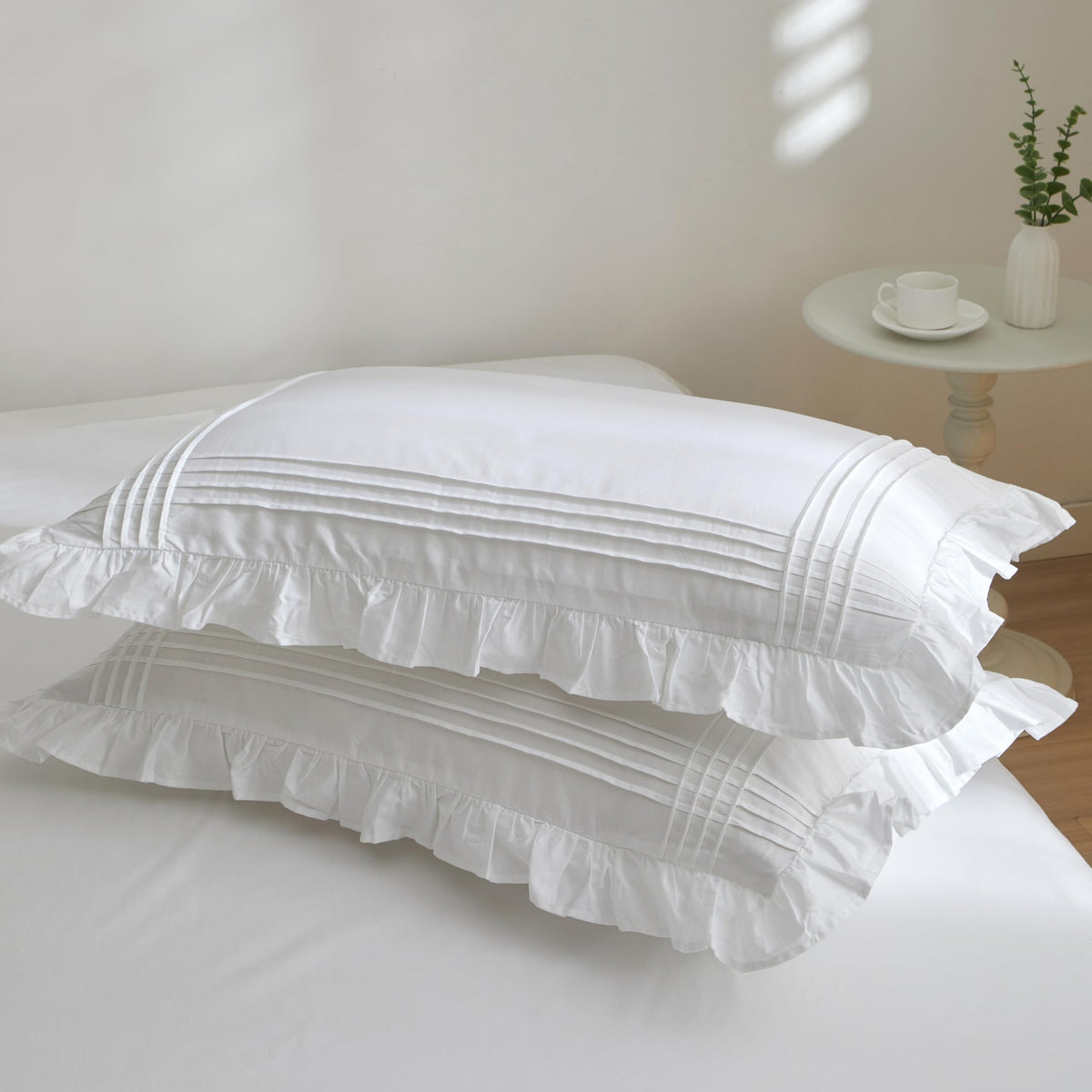 White Ruffled Pillow Shams Standard Size, 100% Cotton Pillow Cases, 20x26