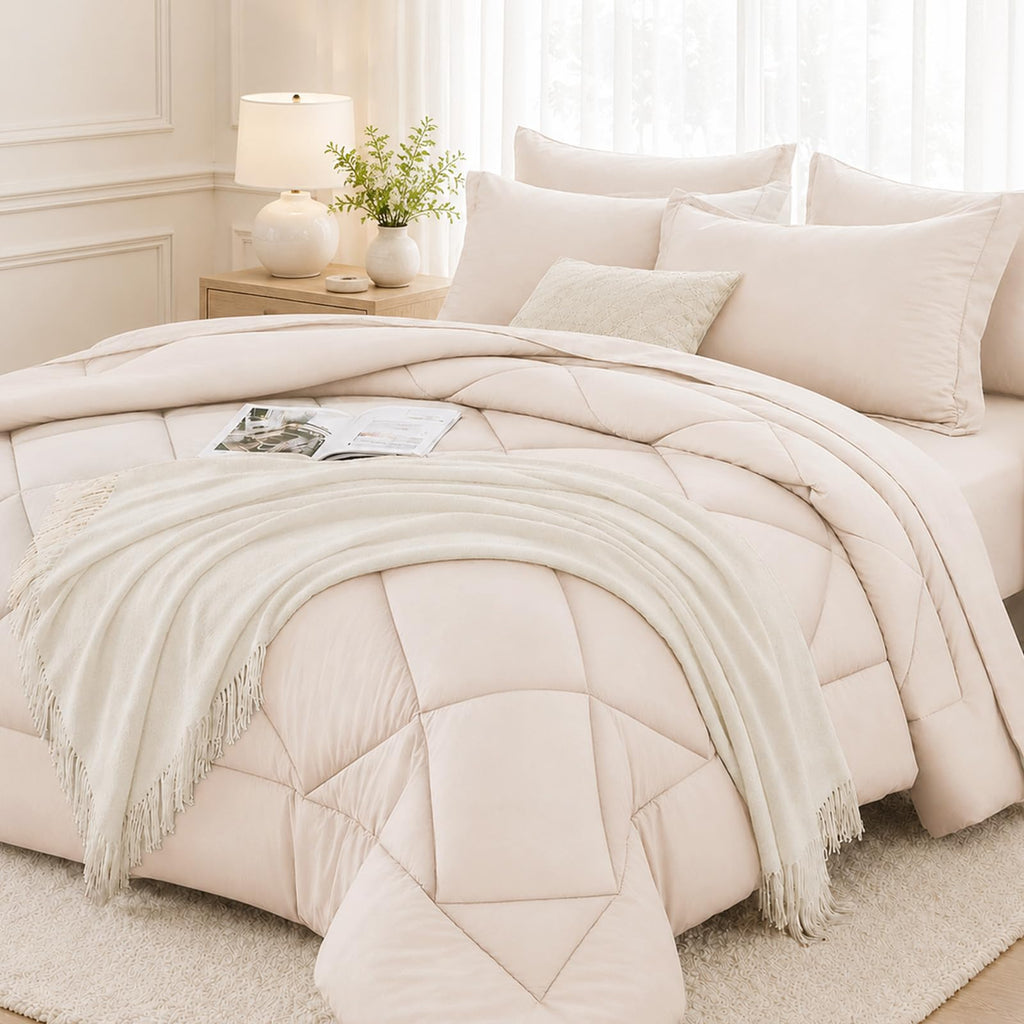 FUANNA Full Size Comforter Sets 7 PCS, Navy Blue Bed Set, Soft Bed in a Bag