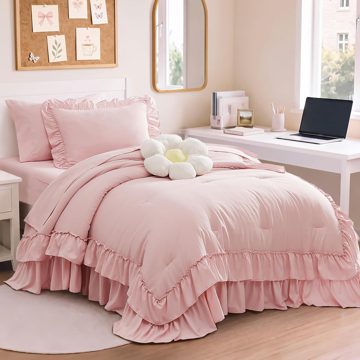 Queen Comforter Set Dusty Blue Ruffle 7 Pieces Farmhouse Bed in a Bag